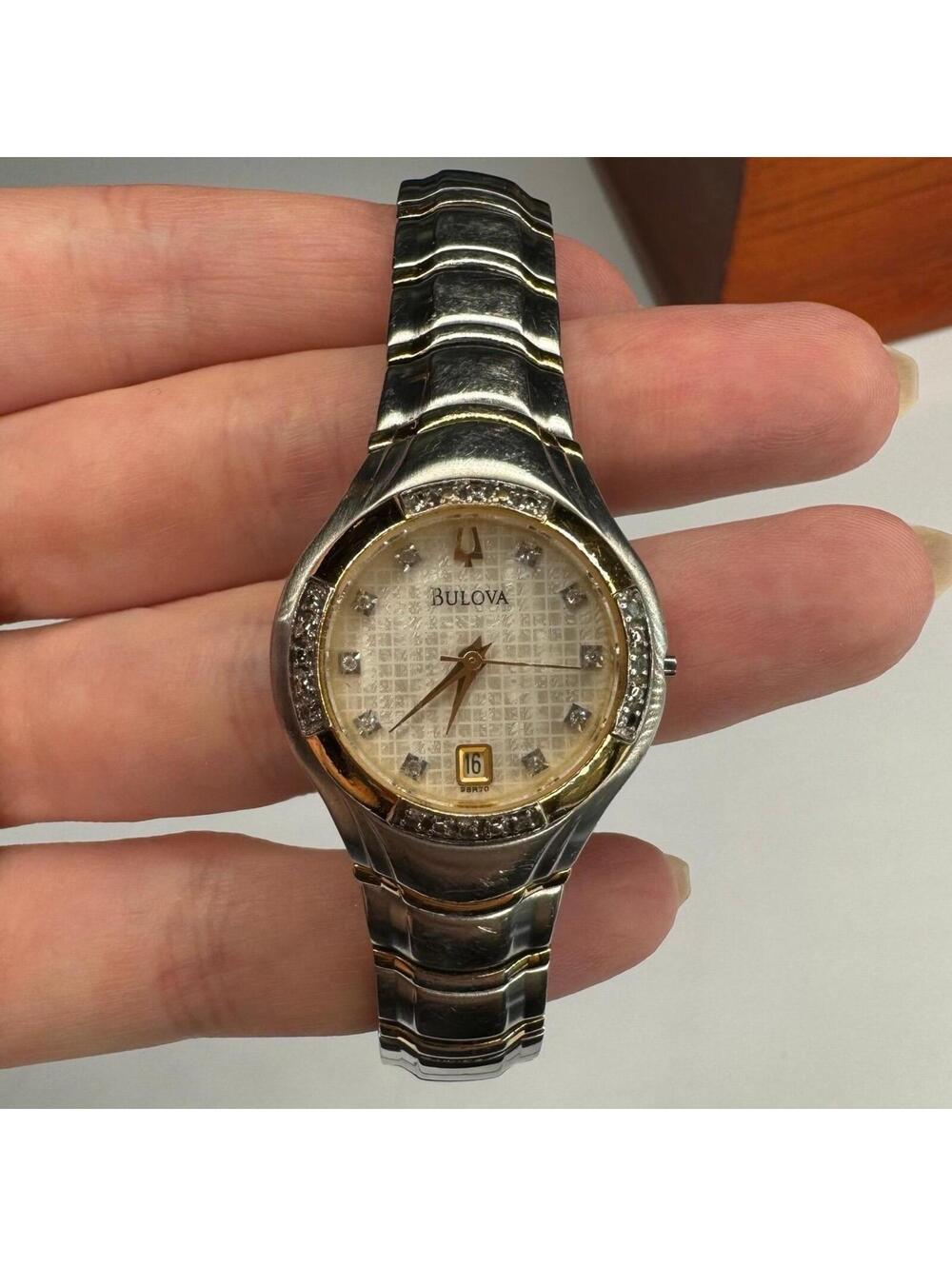 Bulova Ladies Watch Genuine Diamonds Two Tone Bracelet Pearl Dial 98R70